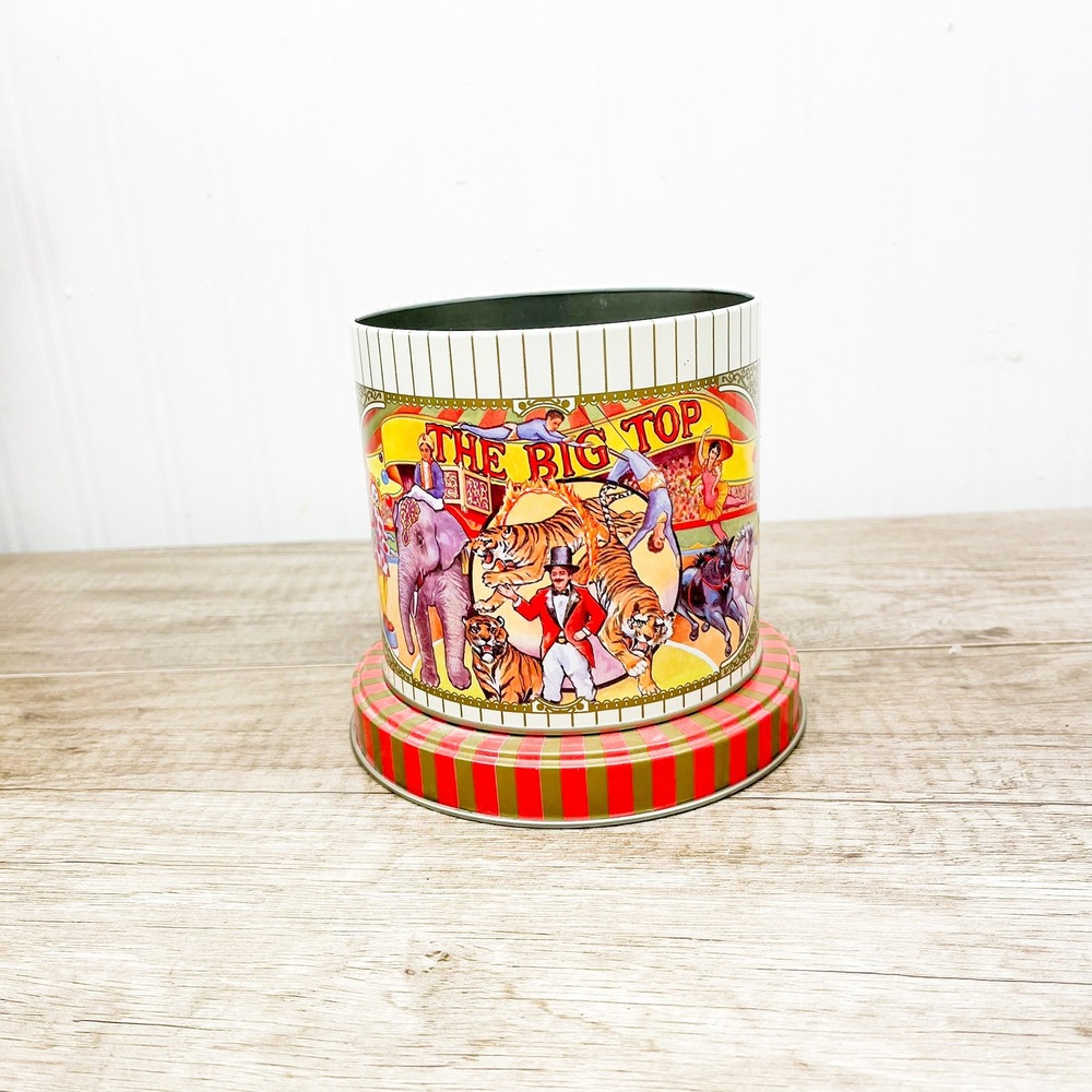 Vintage Circus Storage Tin, Decorative Rotating Tin Ringmaster Elephant Tiger